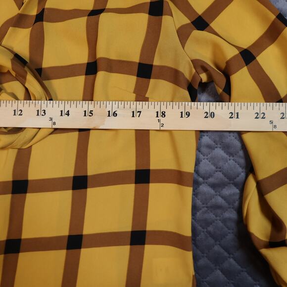 7th Ave New York & Company Blouse Yellow & Brown Plaid Tie-V-Neck 3/4 Sleeve M - Picture 7 of 10